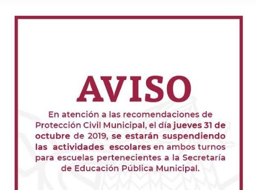 En todos los niveles educativos se suspenden clases este jueves