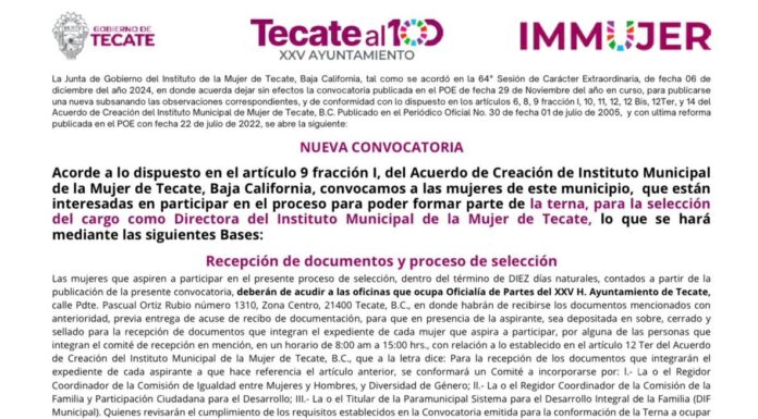 LANZAN CONVOCATORIA PARA ELEGIR DIRECTORA DEL INSTITUTO MUNICIPAL DE LA MUJER EN TECATE