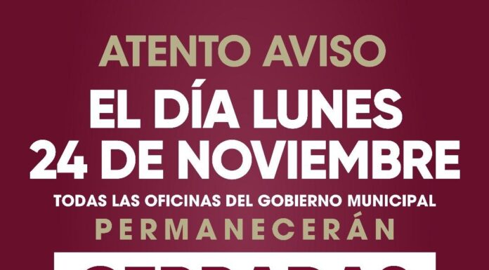 SERÁ DÍA INHABIL EL LUNES 24 DE NOVIEMBRE EN EL GOBIERNO MUNICIPAL